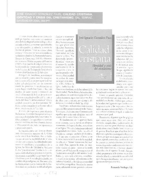 Calidad cristiana  [artículo] Fernando Verdugo, S. J.