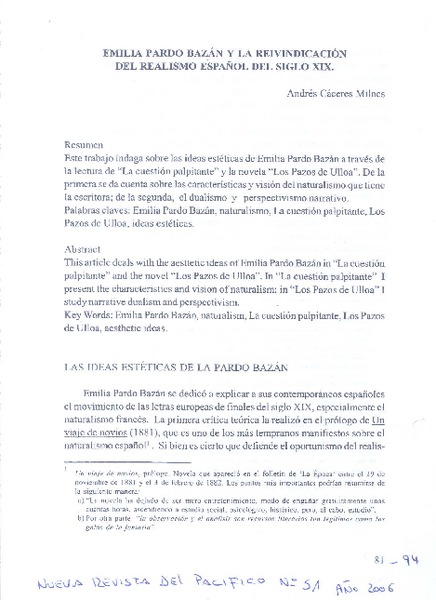 Emilia Pardo Bazán y la reivindicación del realismo español del siglo XIX  [artículo]Andrés Cáceres Milnes.