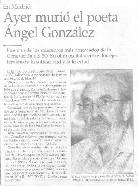 Ayer murió el poeta Angel González  [artículo].