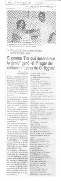 El poema "Por qué desaparece la gente" ganó el 1° lugar del certamen "Letras de O'Higgins"  [artículo] Gisella Abarca.