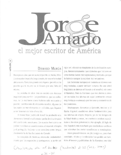 Jorge Amado, el mejor escritor de América  [artículo] Dámaso Murúa.