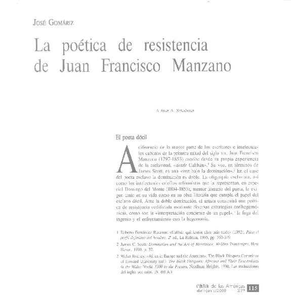 La poética de resistencia de Juan Francisco Manzano  [artículo] José Gomáriz.