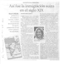 Así fue inmigración suiza en el siglo 19  [artículo] Maureen Lennon Zaninovic.