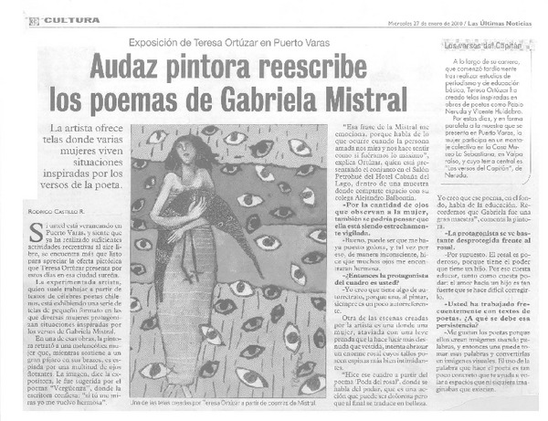 Audaz pintora reescribe los poemas de Gabriela Mistral (entrevista)  [artículo] Rodrigo Castillo R.