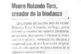 Muere Rolando Toro, creador de la biodanza  [artículo].