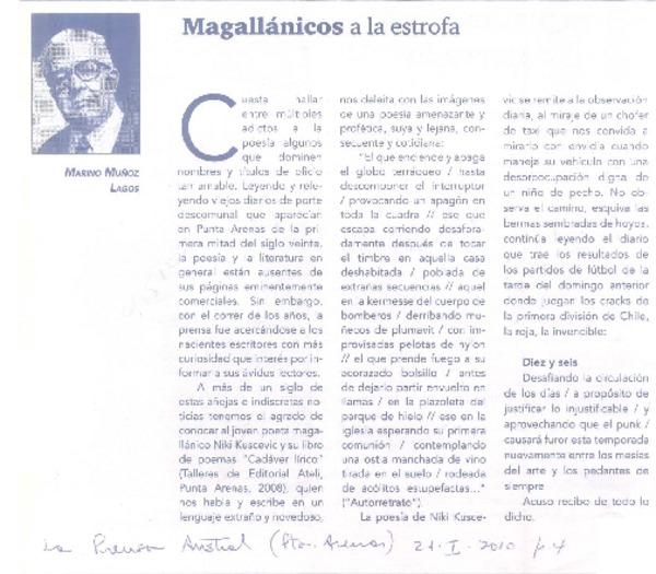 Magallánicos a la estrofa  [artículo] Marino Muñoz Lagos.