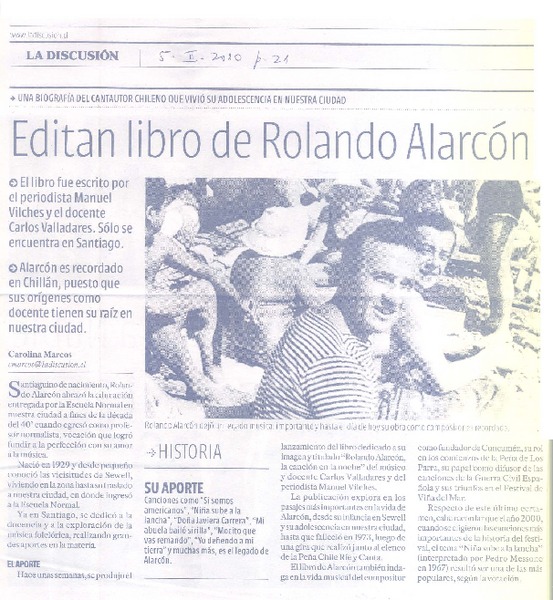 Editan libro de Rolandro Alarcón  [artículo] Carolina Marcos.