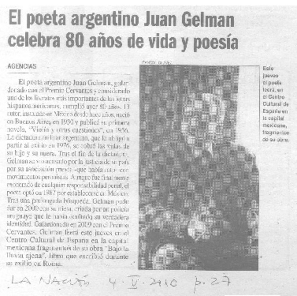 El Poeta argentino Juan Gelman celebra 80 años de vida y poesía  [artículo].