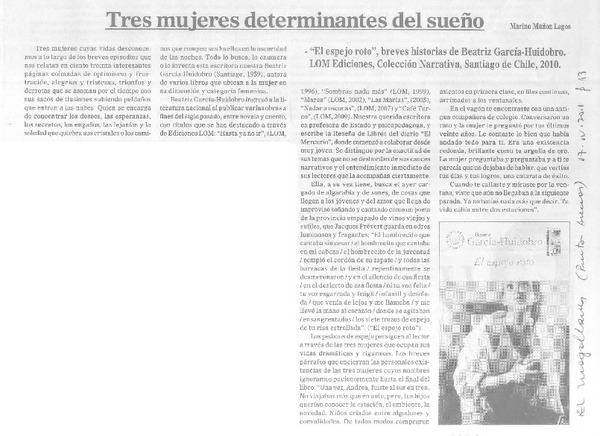 Tres mujeres determinantes del sueño  [artículo] Marino Muñoz Lagos.