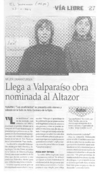 Llega a Valparaíso obra nominada al Altazor  [artículo].