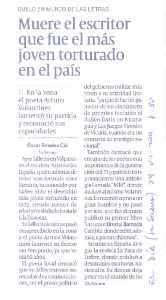 Muere el escritor que fue el más joven torturado en el país  [artículo] Óscar Rosales Cid.