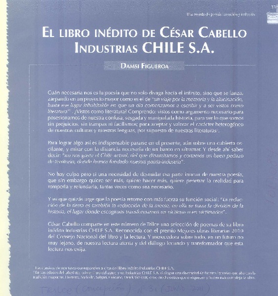 El libro inédito de César Cabello Industrias CHILE S. A.  [artículo] Damsi Figueroa.