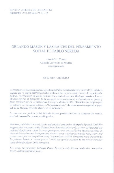Orlando Mason y las raíces del pensamiento social de Pablo Neruda  [artículo] Daniel E. Mason.