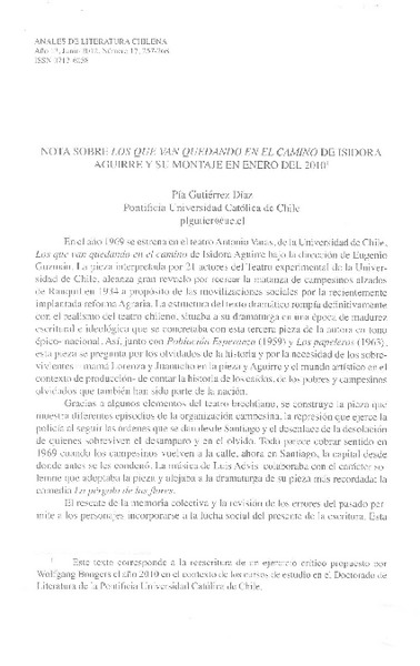 Nota sobre Los que van quedando en el camino de Isidora Aguirre y su montaje en enero del 2010  [artículo] Pía Gutiérrez Díaz.