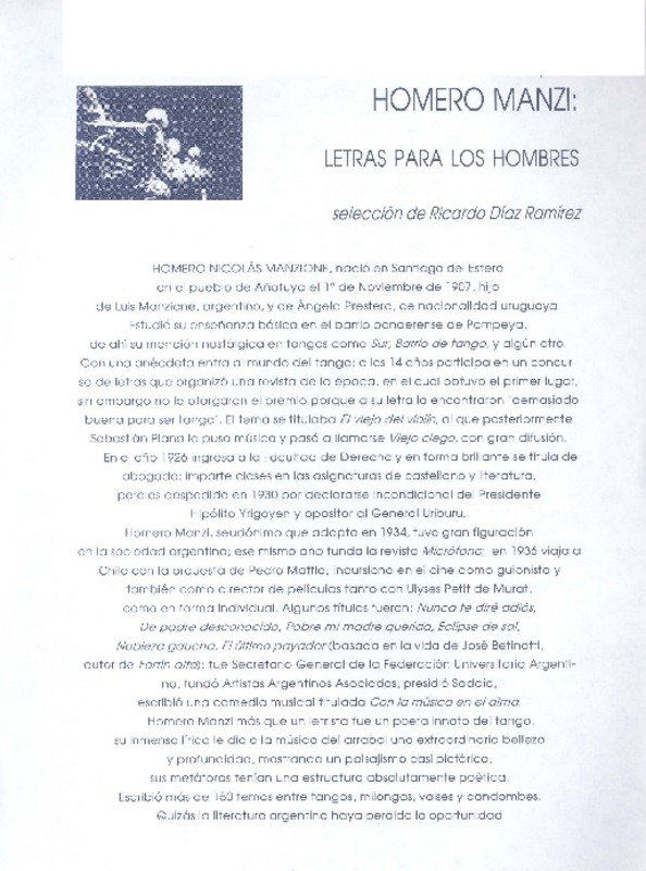 Homero Manzi: letras para los hombres [artículo] Ricardo Díaz Ramírez.