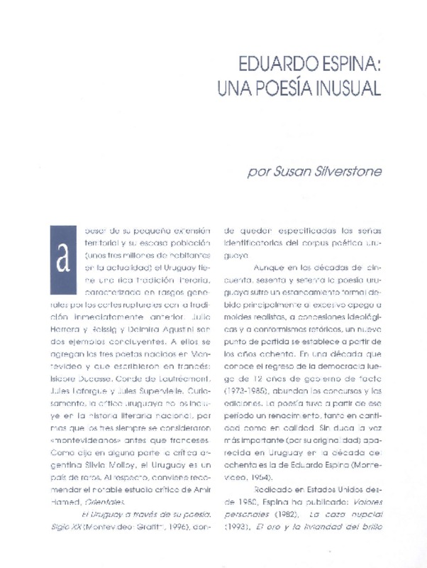 Eduardo Espina : una poesía inusual [artículo] Susan Silverston.
