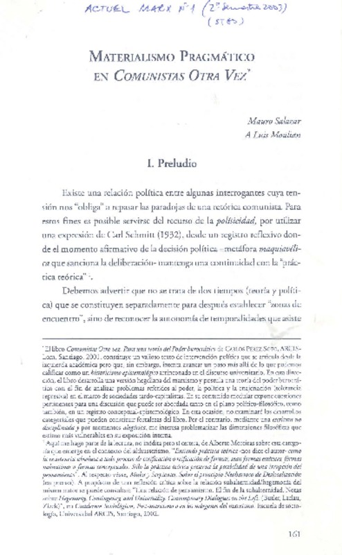 Materialismo pragmático en Comunistas otra vez  [artículo] Mauro Salazar <y> Luis Moulian.