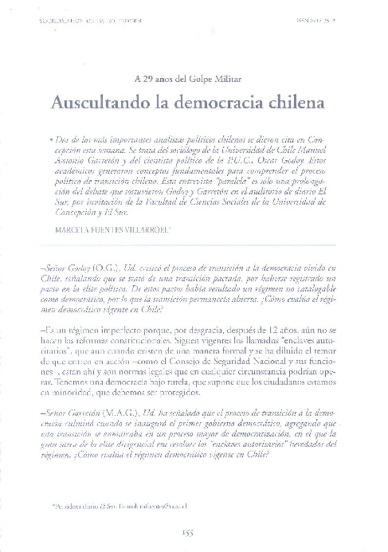 Auscultando la democracia chilena A 29 años del Golpe Militar [artículo] : Marcela Fuentes.