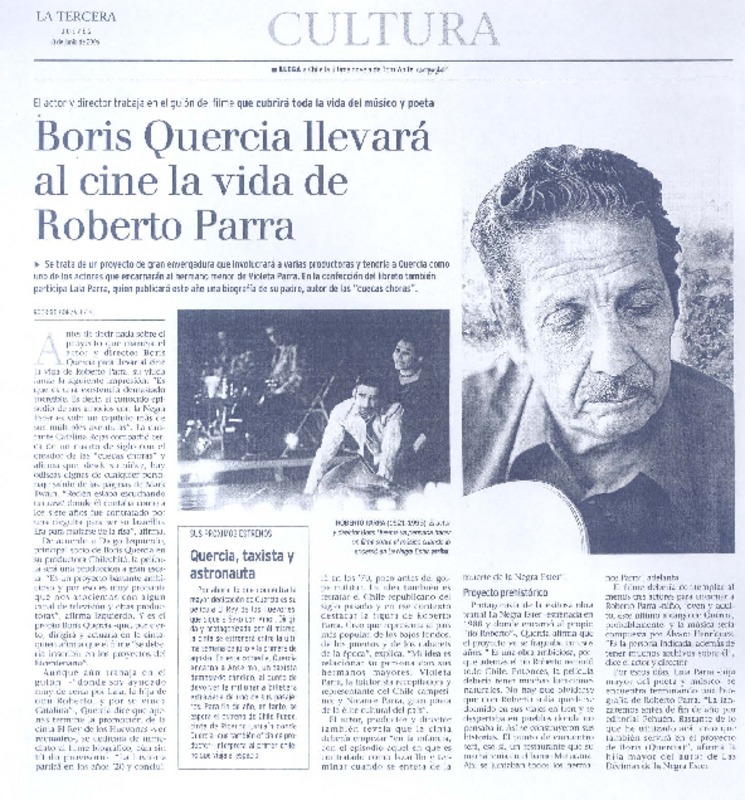 Boris Quercia llevará el cine la vida de Roberto Parra  [artículo] Rodrigo González M.