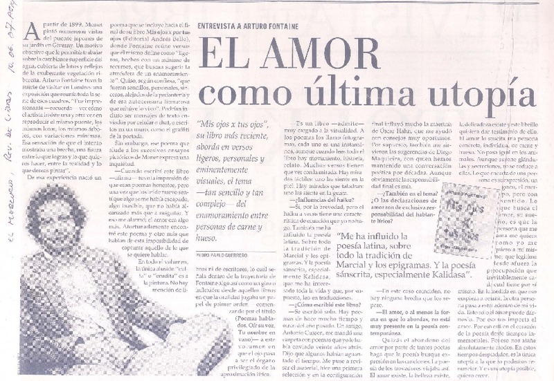 El amor como última utopía (entrevista)  [artículo] Pedro Pablo Guerrero.
