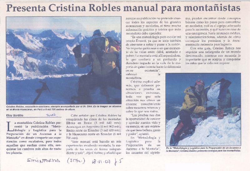 Presenta Cristina Robles manual para montañistas  [artículo] Eloy Gordillo.