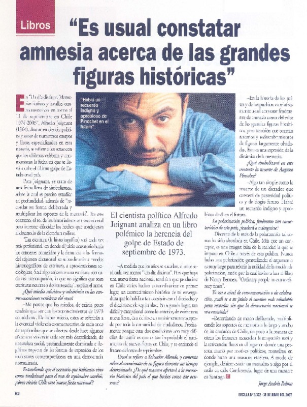 "Es usual constatar amnesia acerca de las grandes figuras históricas" (entrevista)  [artículo] Jorge Andrés Palma.