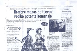 Hombre manos de tijeras recibe potente homenaje  [artículo] Leonardo Sanhueza.