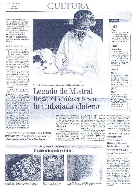 Legado de Mistral llega el miércoles a la embajada chilena  [artículo]Elisa Montesinos.