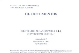 Bienvenido Nicanor Parra a la Universidad de Chile  [artículo] Manuel Jofré.
