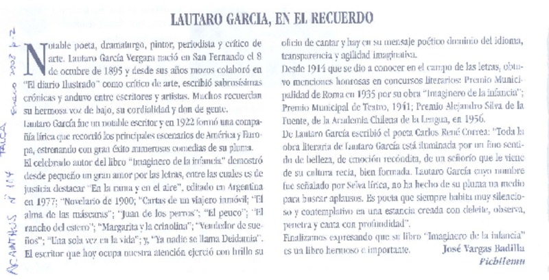 Lautaro García en el recuerdo  [artículo] José Vargas Badilla.