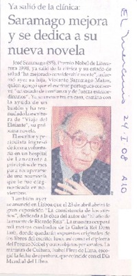 Saramago mejora y se dedica a su nueva novela  [artículo].