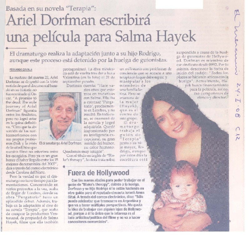 Ariel Dorfman escribirá una película para Salma Hayek  [artículo] Fernando Zavala.