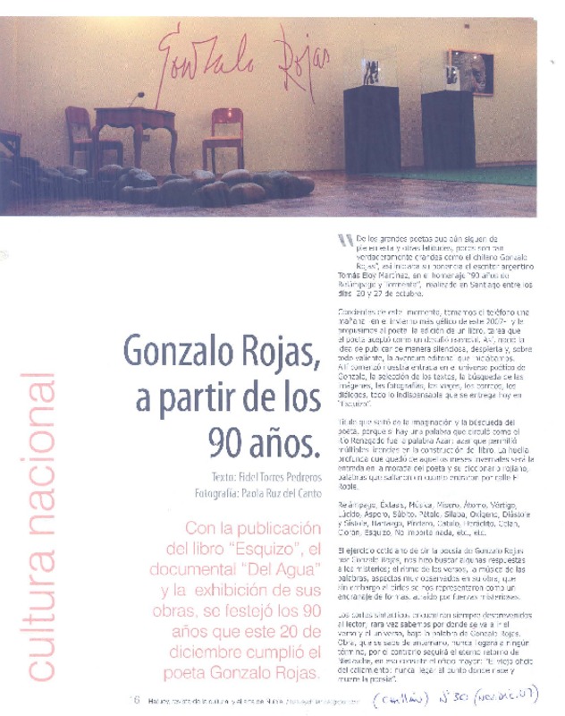 Gonzalo Rojas a partir de los 90 años  [artículo] Fidel Torres Pedreros.