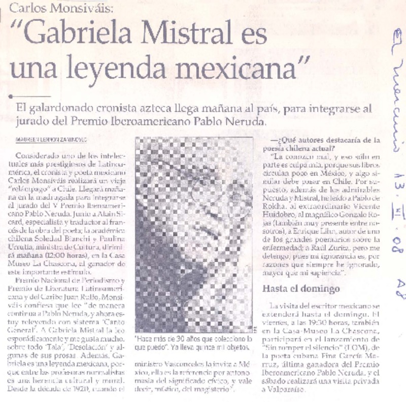 "Gabriela Mistral es una leyenda mexicana"  [artículo] Maureen Lennon Zaninovic.