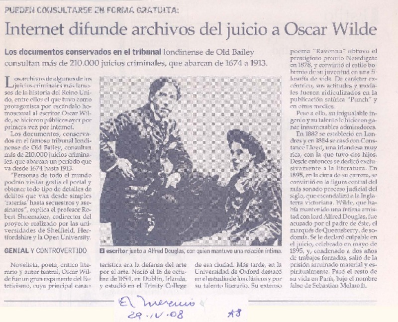 Interner difunde archivos del juicio a Oscar Wilde  [artículo].