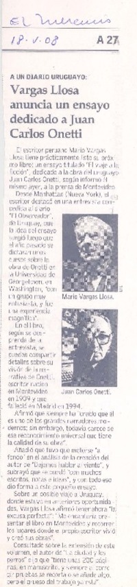 Vrgas Llosa anuncia un ensayo dedicado a Juan Carlos Onetti  [artículo].