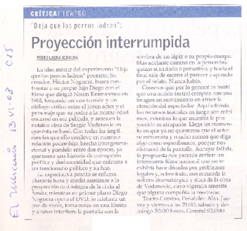 Proyección interrumpida  [artículo] Pedro Labra Herrera.