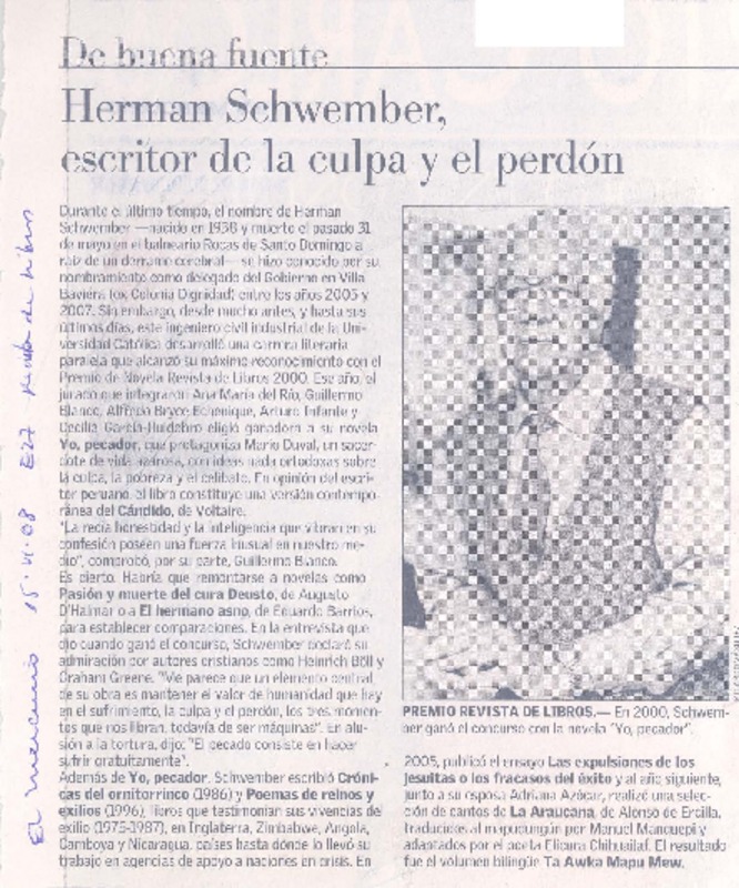Herman Schwember, el escritor de la mea culpa y el perdón  [artículo].