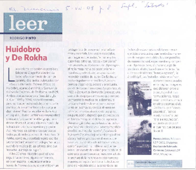 Huidobro y De Rokha  [artículo] Rodrigo Pinto.