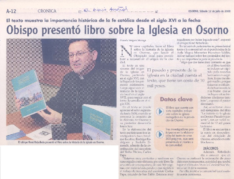 Obispo presentó libro sobre la iglesia en Osorno  [artículo] Pamela Vergara Moraga.