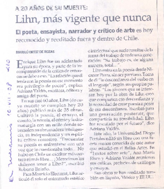 Lihn, más vigente que nunca  [artículo] Marilú Ortiz de Rozas.