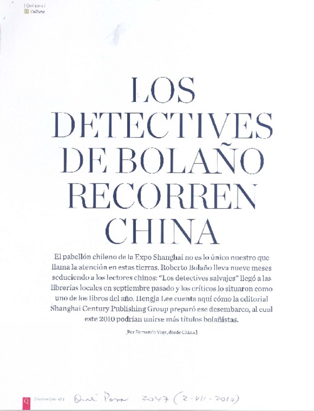 Los detectives de Bolaño recorren China  [artículo] Fernando Vega.