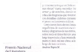 Premio Nacional de Literatura  [artículo] Andrea Tapia M.