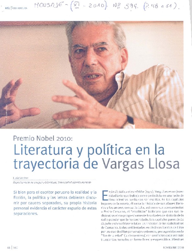 Literatura y política en la trayectoria de Vargas Llosa (entrevista)  [artículo] Lucía Stecher.