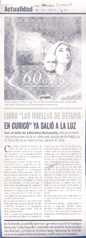 Libro "Las huellas de Betania en Curicó" ya salió a la luz  [artículo].