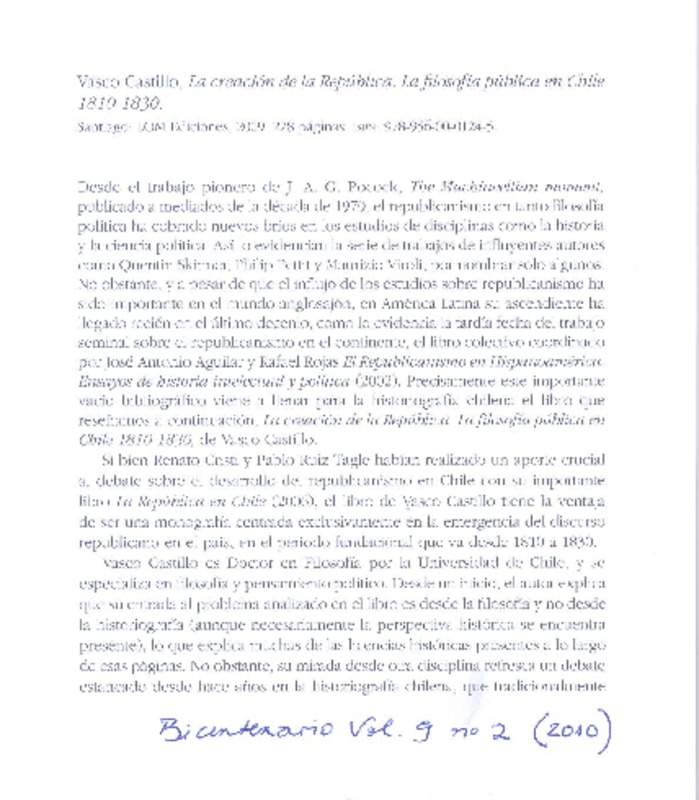 Vasco Castillo : La creación de la República : la filosofía pública en Chile 1810-1830 [artículo] Gabriel Cid.
