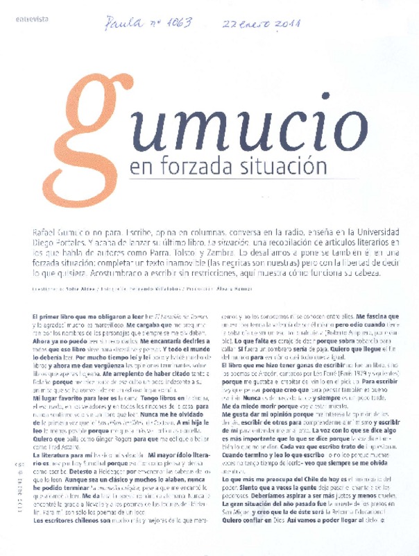 Gumucio en forzada situación (entrevista)  [artículo] Sofía Aldea.