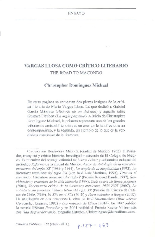 Vargas Llosa como crítico literario  [artículo] Christopher Domínguez Michael.