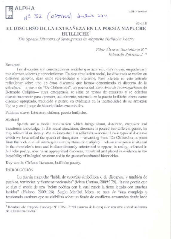 El discurso de la extrañeza en la poesía mapuche huilliche  [artículo] Pilar Álvarez-Santullano B. <y> Eduardo Barraza J.