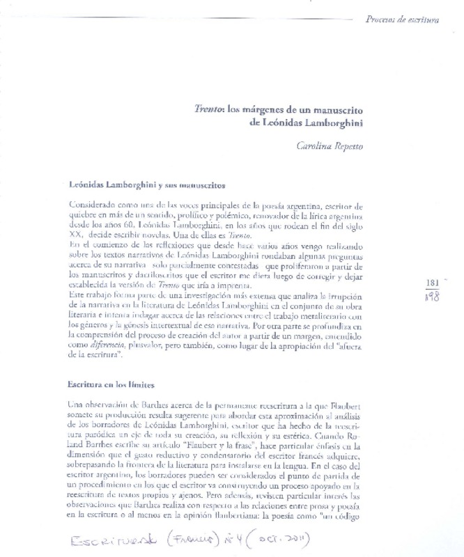 Trento: los márgenes de un manuscrito de Leónidas Lamboghini  [artículo] Carolina Repetto.